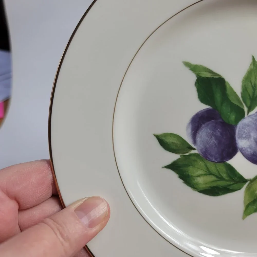 TWO Mikasa Plum Court L3132 Salad Plates White with Purple Plums & Green Leaves
